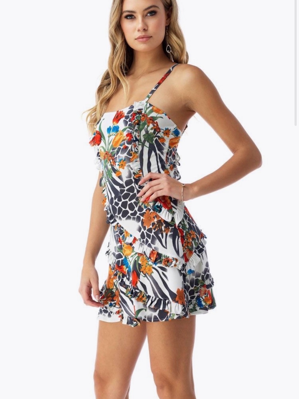 Sky Falon White Multi Floral Zebra Ruffle Spaghetti-Strap One Piece Dress!